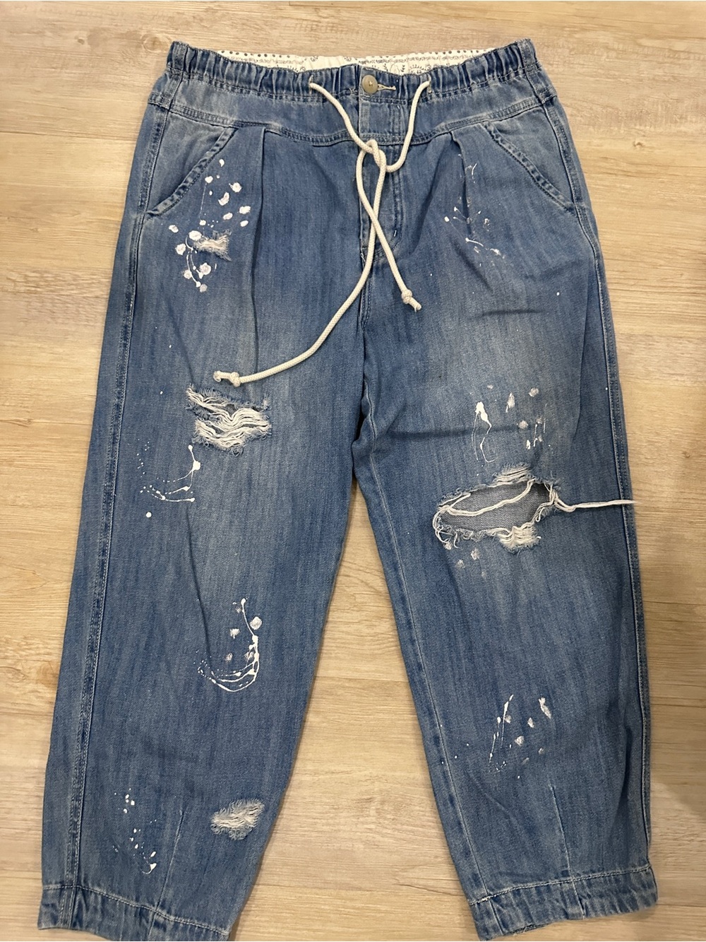 Free People Blue Distressed Relaxed Denim Joggers